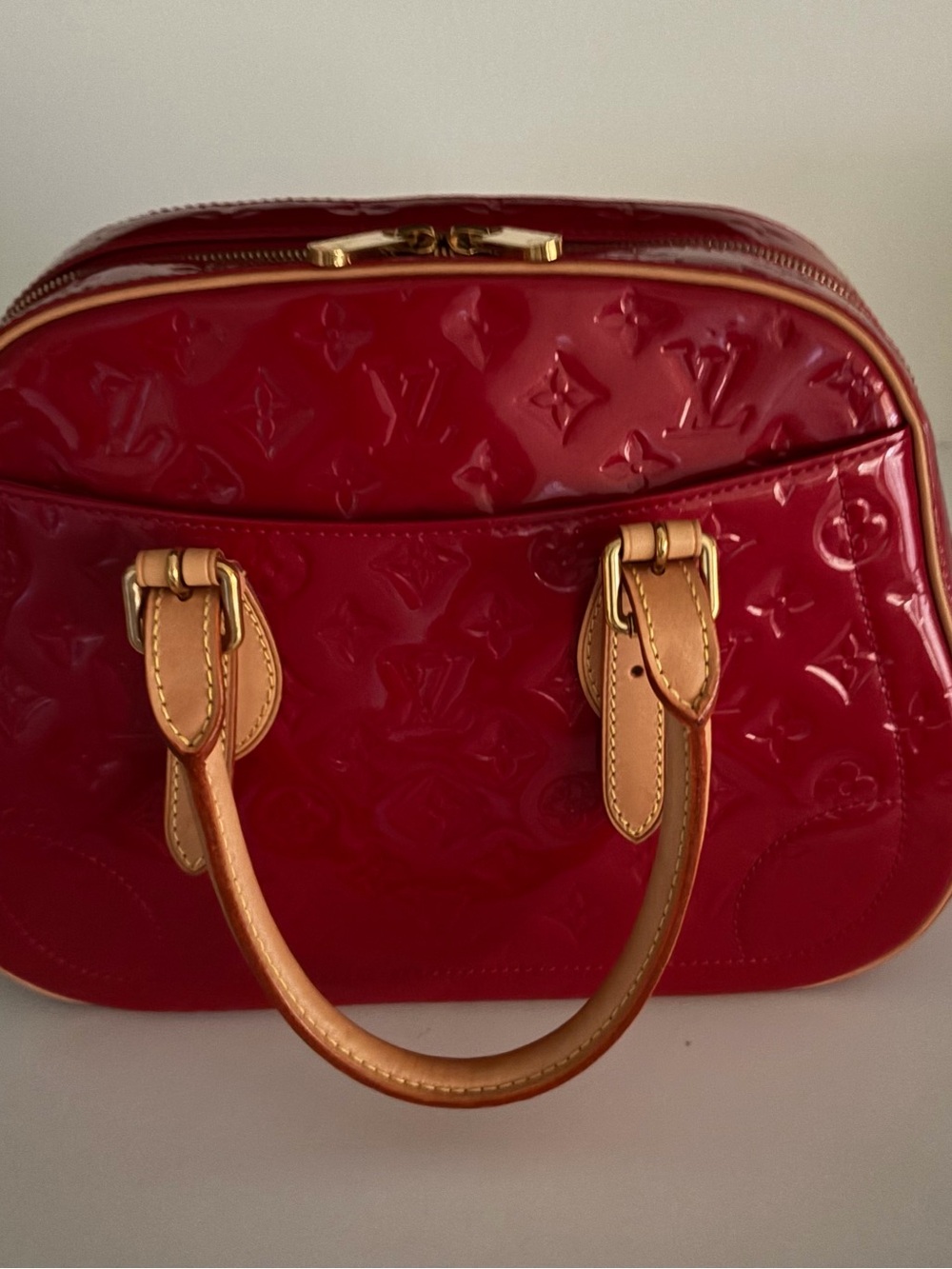 Louis Vuitton Red Patent Vernis Satchel with Tan Handles
